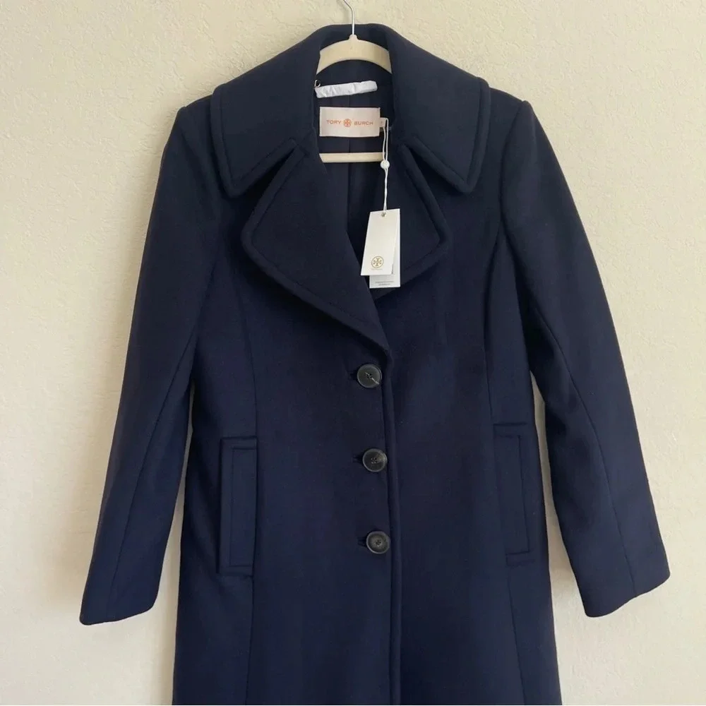 NWT Tory Burch‎ WOOL CASHMERE COAT Navy Knee Length